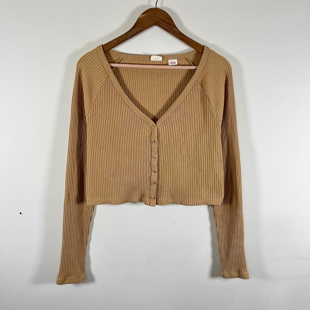 Levi's Cropped Ribbed Cardigan Long Sleeve Top Tan Granola Girl Womens XL